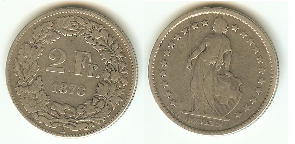 Swiss 2 Francs 1878B aVF
